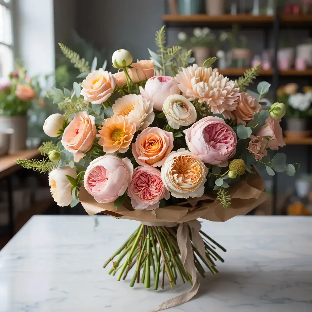 Kaunis käsintehty kukkakimppu tuoreista kausikukista