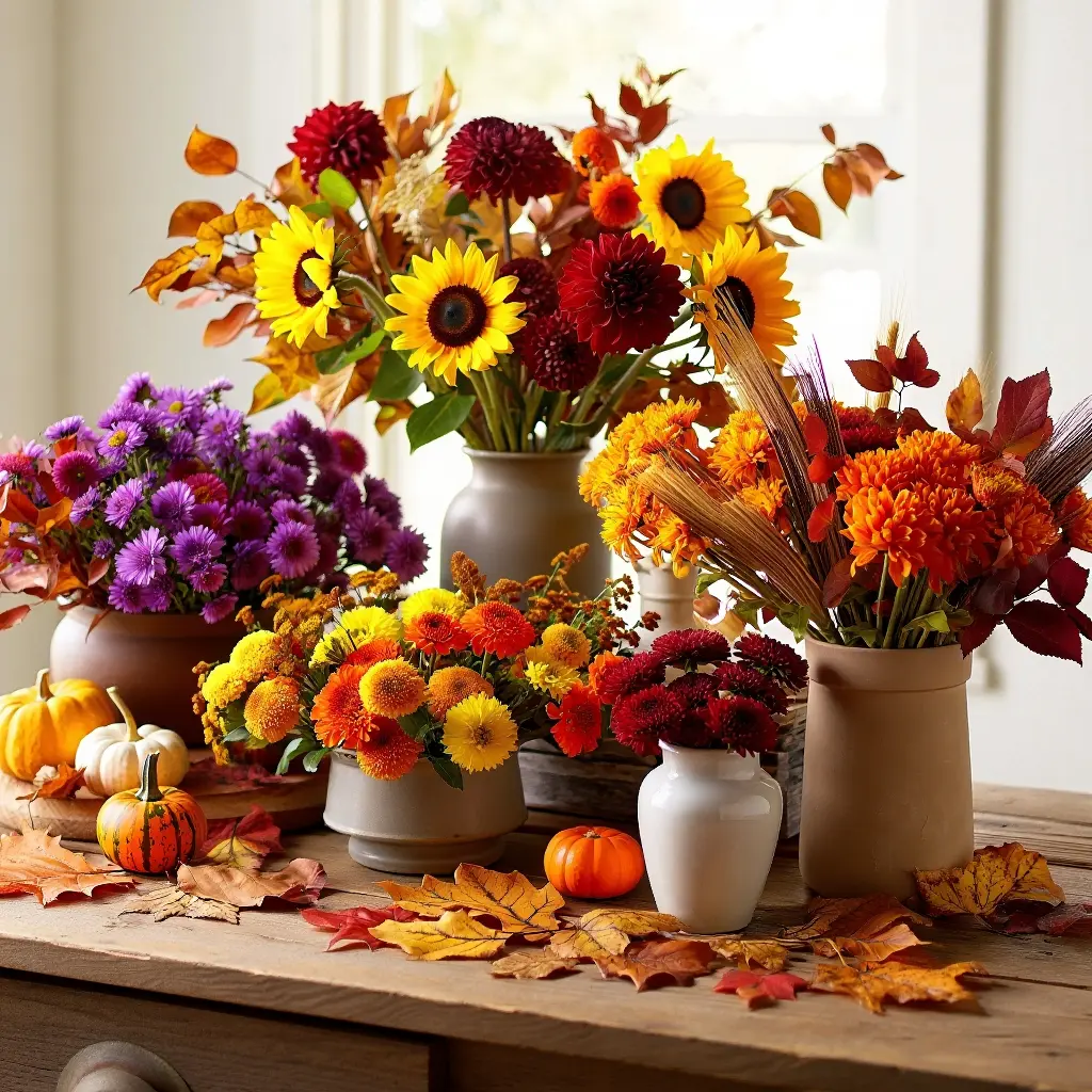 Värikkäitä kausiluonteisia kukka-asetelmia pöydällä