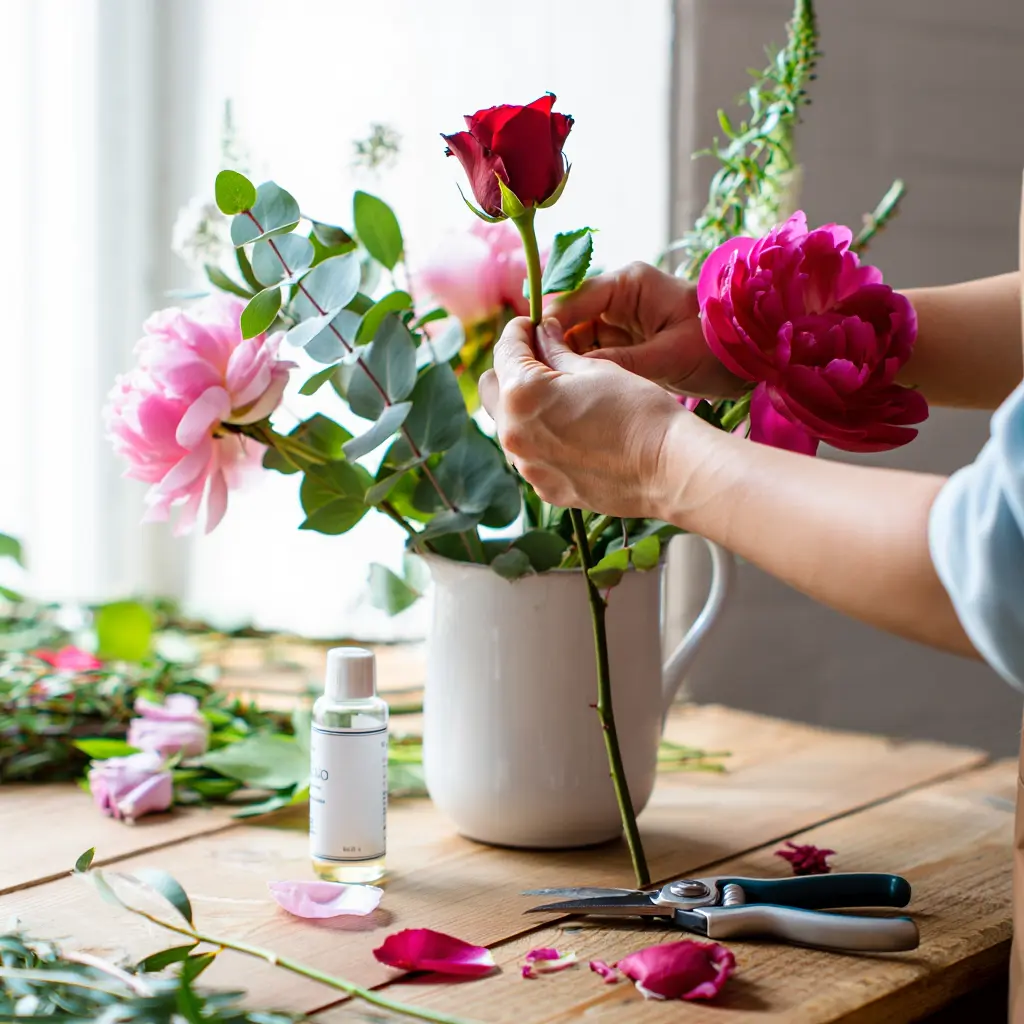 Kukkien huolenpitoa ja leikkokukkien asettelua maljakossa