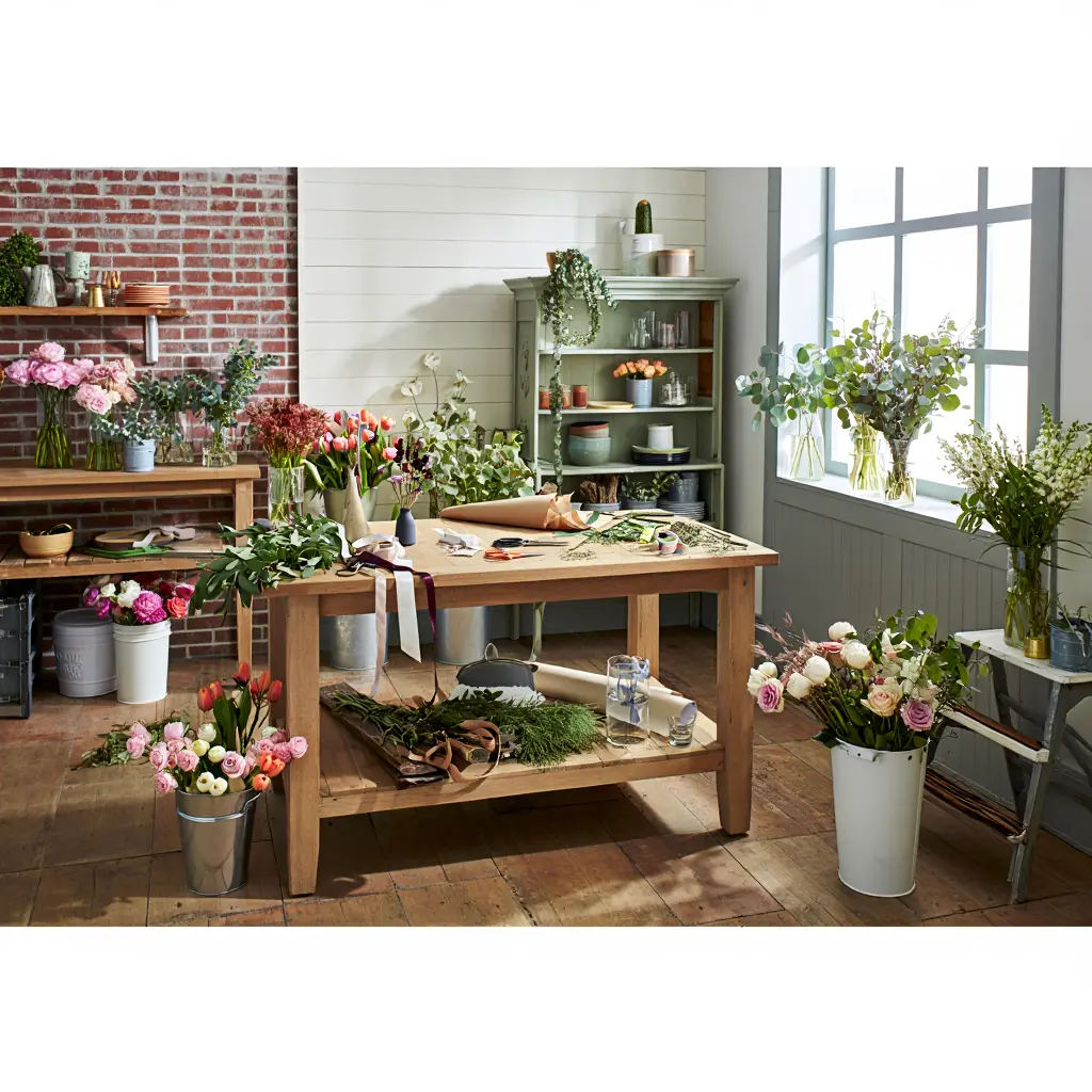 Kukkakaupan sisätilat ja työskentelyalue